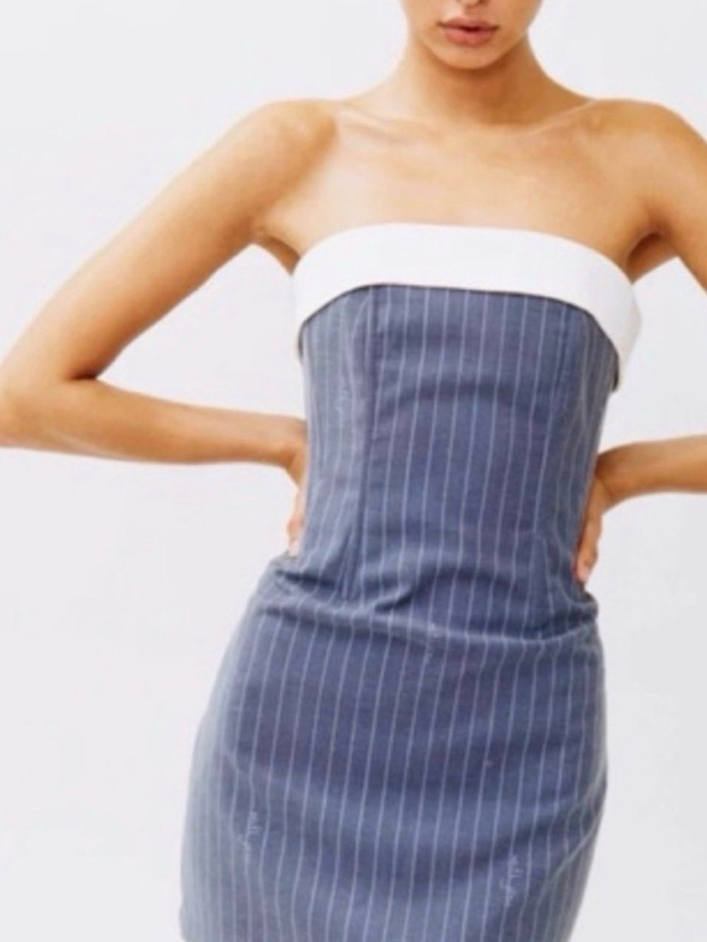 With Jean Chloe Strapless Pinstripe Corset Tube Dress in Blue and White NWOT
